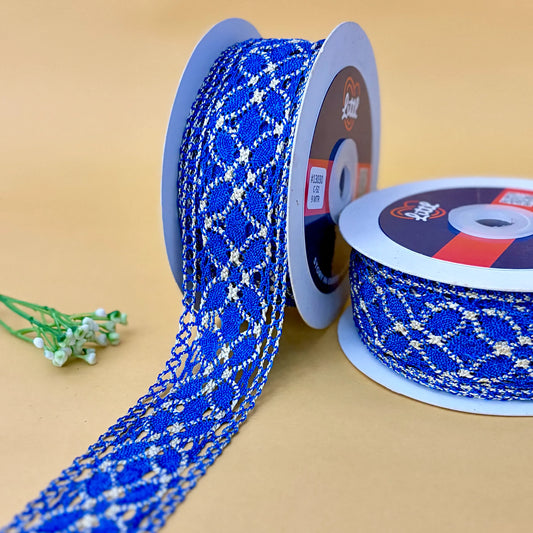 Two spools of blue braided lace with white pattern on a beige background