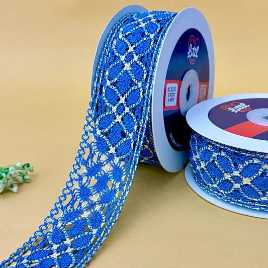 Two spools of blue lace ribbon with a beige background