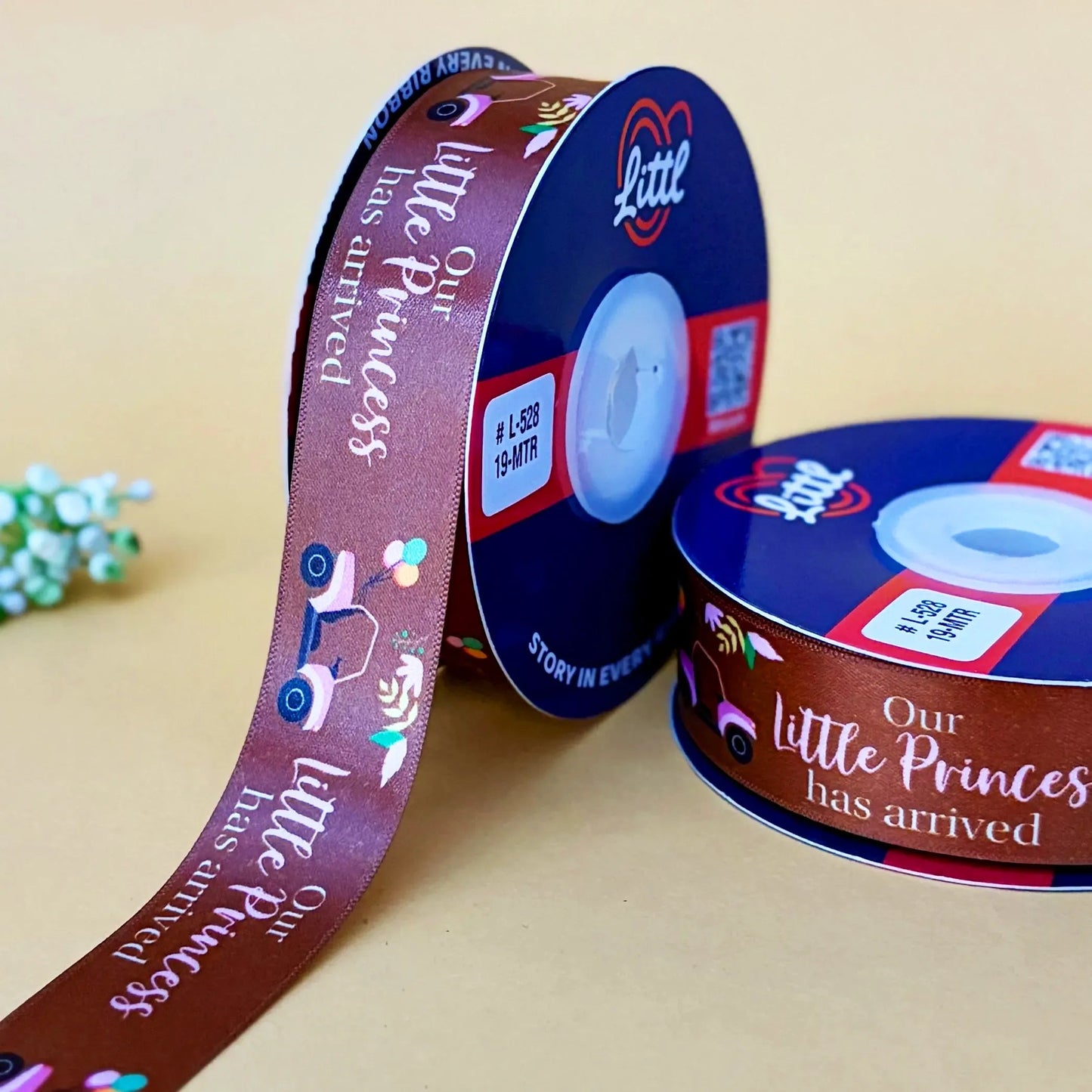 ribbon-brown-its a girl double face satin printed ribbon 1 inch 19m baby-littl ribbons