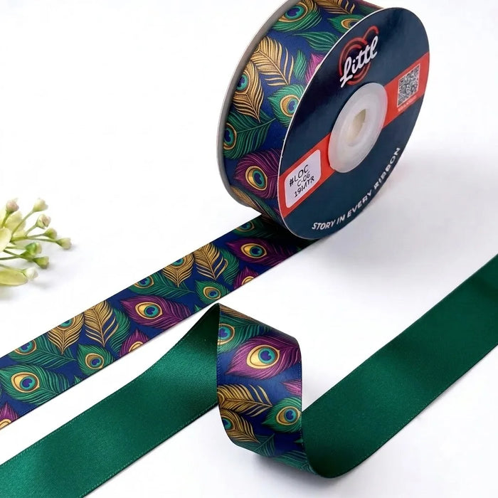Peacock Plume Indian Art printed satin ribbon roll, jewel peacock feathers in teal, green and gold on deep violet with a solid emerald green back, 1 inch (25 mm) – Littl