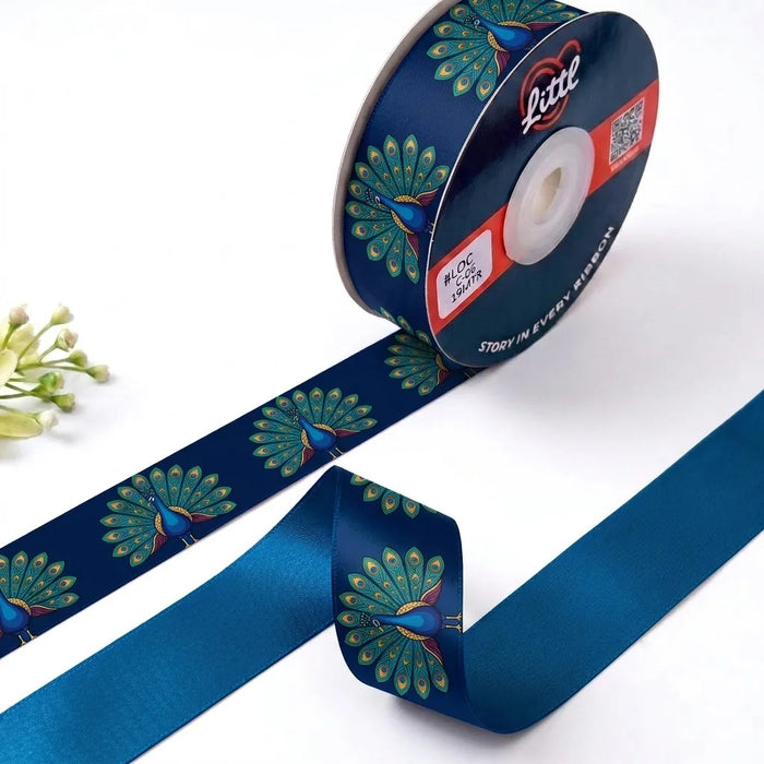 Dancing Peacock Indian Art printed satin ribbon roll, peacocks with open tails on navy blue with a solid peacock blue back, 1 inch (25 mm) – Littl