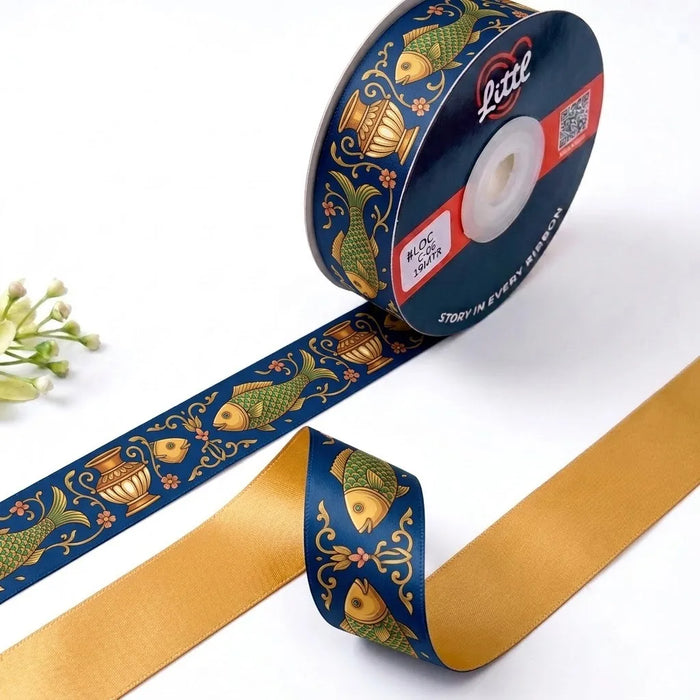 Matsya Kalash Pichrang printed satin ribbon roll, golden fish and kalash pots on navy blue with a solid mustard gold back, 1 inch (25 mm) – Littl