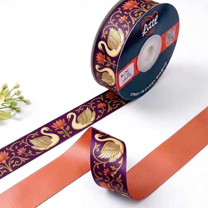 Hamsa Lotus Pichrang printed satin ribbon roll, golden swans (hamsa) and lotus flowers on plum purple with a solid coral peach back, 1 inch (25 mm) – Littl
