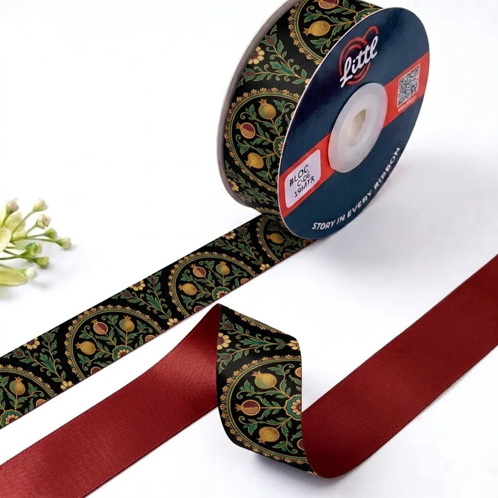 Paisley Jaal Mughal printed satin ribbon roll, gold and green paisley jaal on black with a solid maroon back, 1 inch (25 mm) – Littl
