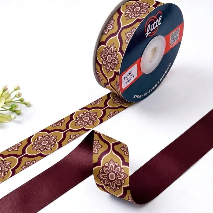 Jaali Medallion Mughal printed satin ribbon roll, maroon floral jaali medallions on gold with a solid maroon back, 1 inch (25 mm) – Littl