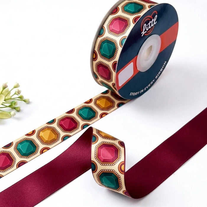 Jewel Toran Diwali printed satin ribbon roll, ruby, emerald and topaz jewels on cream with a solid wine back, 1 inch (25 mm) – Littl