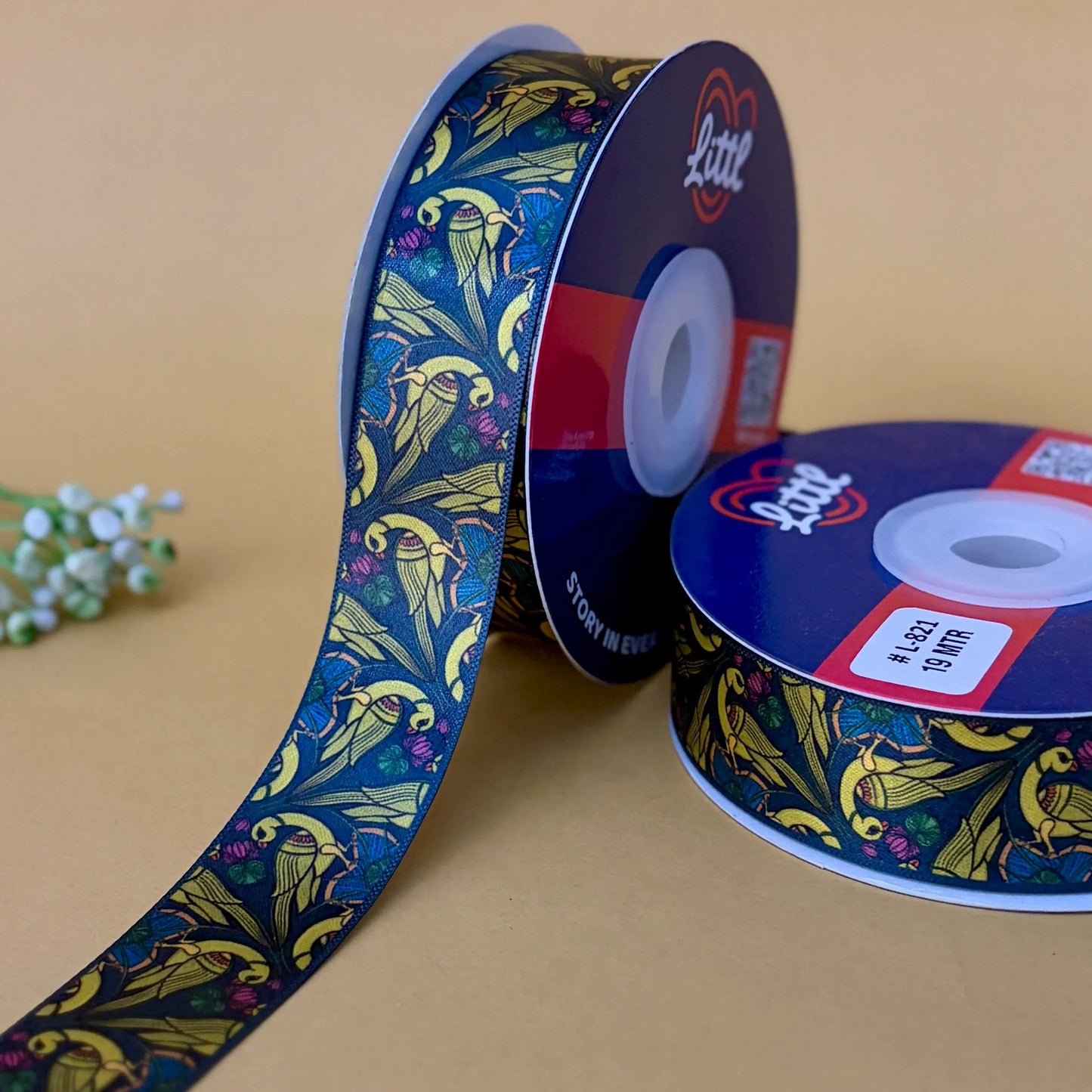 ribbon--parrot 1 inch printed satin ribbon- pichrang collection- l821-littl