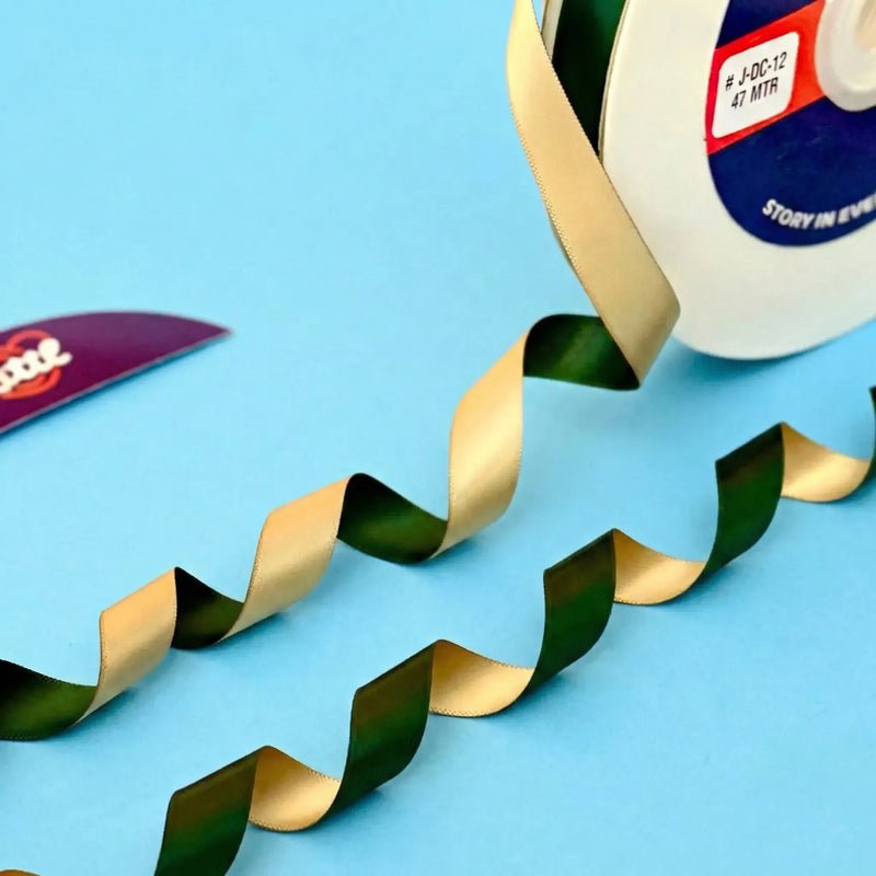 THE HERITAGE GREEN - Bottle Green & Butter Cream Dual Tone Ribbon 12mm - 12mm reversible satin ribbon by Littl India