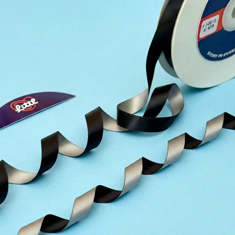 THE URBAN STEEL - Black & Steel Grey Dual Tone Ribbon 12mm - 12mm reversible satin ribbon by Littl India