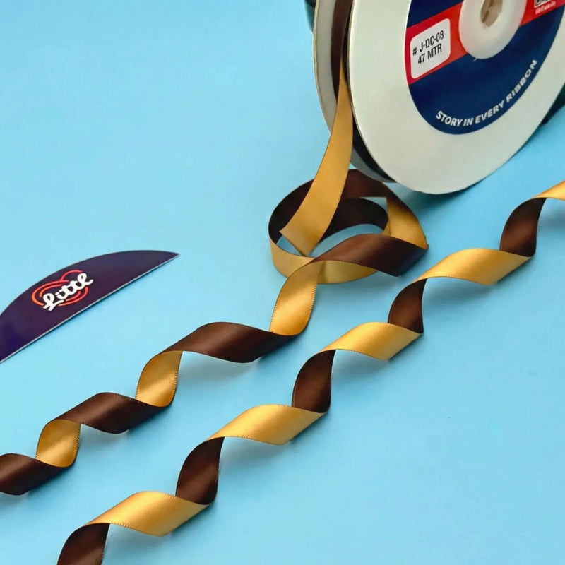 THE TOFFEE CREAM - Brown & Dark Cream Dual Tone Ribbon 12mm - 12mm reversible satin ribbon by Littl India