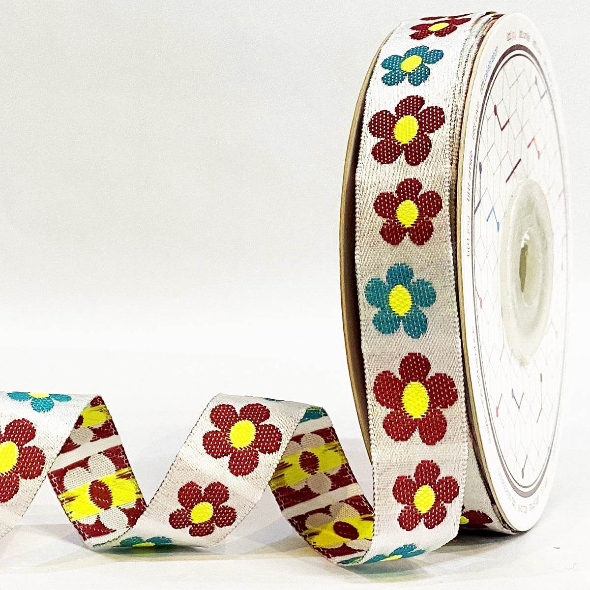 Tiny Flower White – Woven Jacquard Border, 25 mm