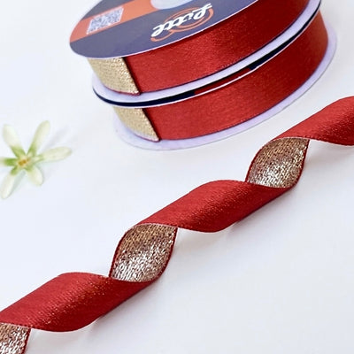 THE VARANASI GOLD - Duo Sheen Satin Metallic Ribbon 20mm | Red & Gold | 19m Roll   Littl