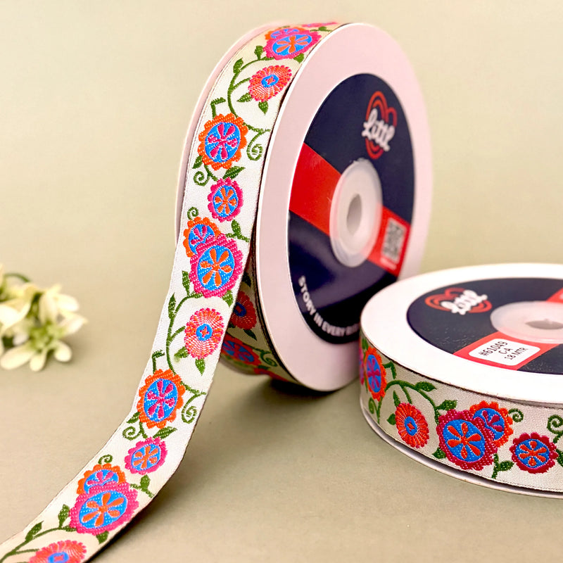 Surajmukhi Folk Woven Gift Ribbon 25mm - Pink by Littl India