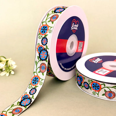 Surajmukhi Folk Woven Gift Ribbon 25mm - Green by Littl India