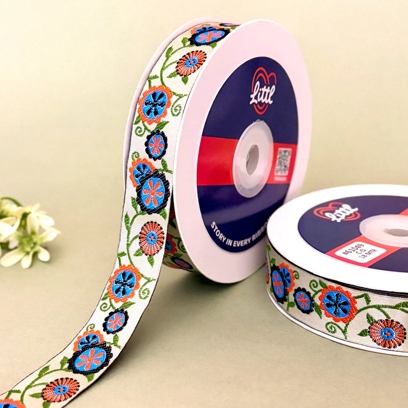 Surajmukhi Folk Woven Gift Ribbon 25mm - Green by Littl India