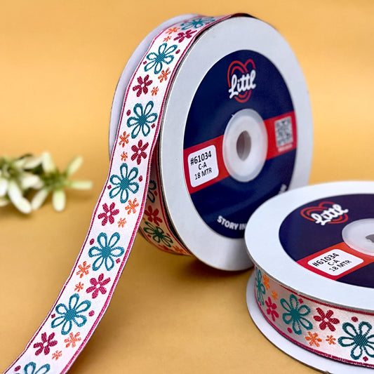 Ribbon-Saree Lace Border 1 Inch 18m White Floral Satin Weave 61034-Littl