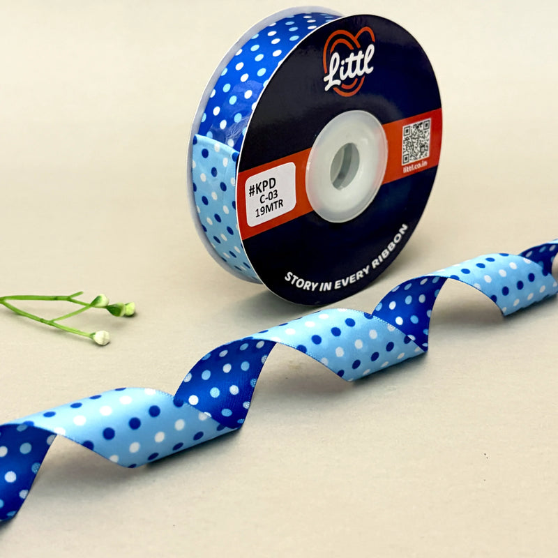 Dual Tone Polka Dot Satin Ribbon – Navy Blue & Sky Blue | 20mm | 19m | KPD03   Littl