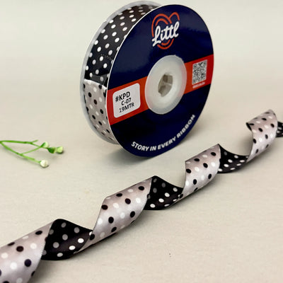 Dual Tone Polka Dot Satin Ribbon – Black & Silver Grey | 20mm | 19m | KPD07   Littl
