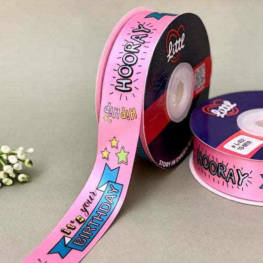 ribbon-Pink-Birthday Printed Satin Ribbon 1 Inch 19 Meter - Gift Wrapping Party Decoration Cake Box - Happy Birthday Design - 6 Colors - Ships Same Day India-Littl Ribbons