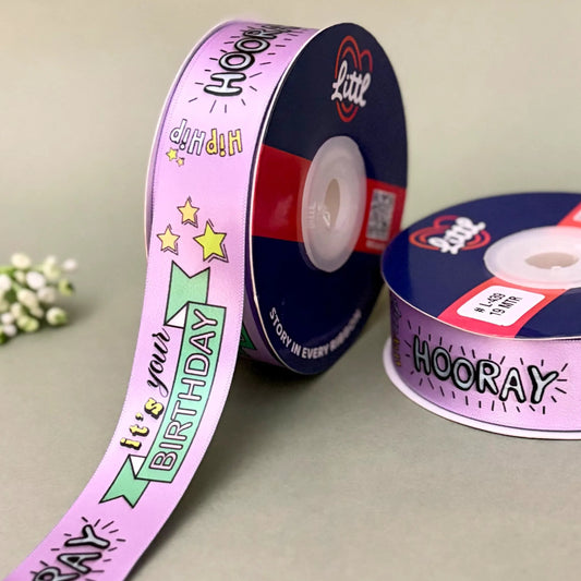 ribbon-Lilac-Birthday Printed Satin Ribbon 1 Inch 19 Meter - Gift Wrapping Party Decoration Cake Box - Happy Birthday Design - 6 Colors - Ships Same Day India-Littl Ribbons