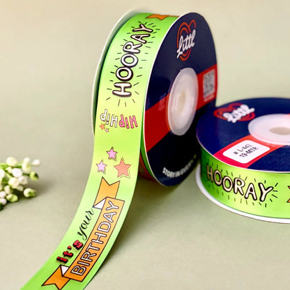 ribbon-Light Green-Birthday Printed Satin Ribbon 1 Inch 19 Meter - Gift Wrapping Party Decoration Cake Box - Happy Birthday Design - 6 Colors - Ships Same Day India-Littl Ribbons