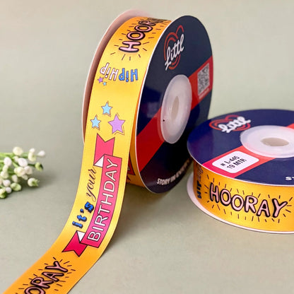 ribbon-Yellow-Birthday Printed Satin Ribbon 1 Inch 19 Meter - Gift Wrapping Party Decoration Cake Box - Happy Birthday Design - 6 Colors - Ships Same Day India-Littl Ribbons