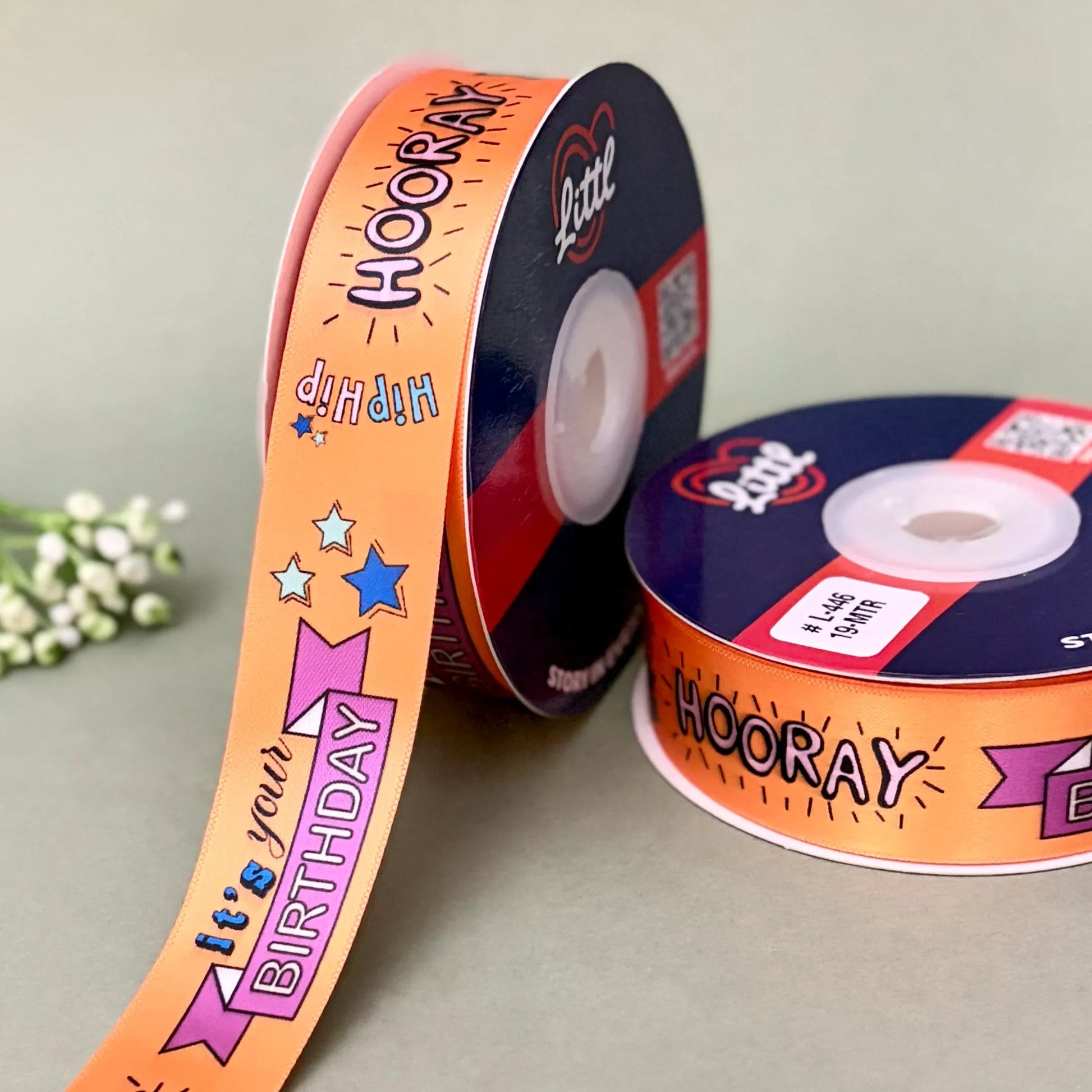 ribbon-Orange-Birthday Printed Satin Ribbon 1 Inch 19 Meter - Gift Wrapping Party Decoration Cake Box - Happy Birthday Design - 6 Colors - Ships Same Day India-Littl Ribbons