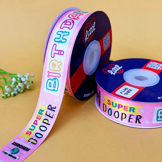 ribbon-Pink-Birthday Double Face Satin Printed Ribbon 1 Inch 19M Wholesale-Littl Ribbons
