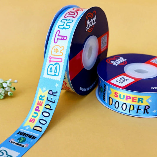 ribbon-Sky Blue-Birthday Double Face Satin Printed Ribbon 1 Inch 19M Wholesale-Littl Ribbons