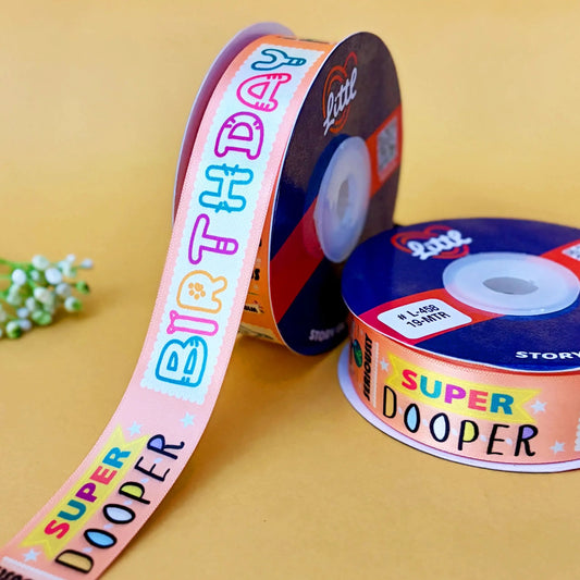 ribbon-Peach-Birthday Double Face Satin Printed Ribbon 1 Inch 19M Wholesale-Littl Ribbons