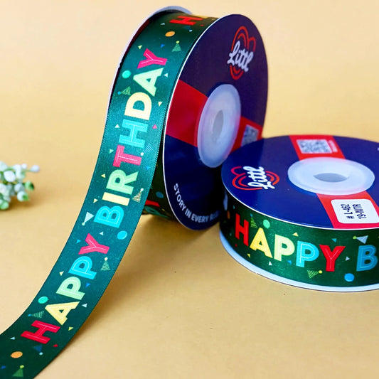 ribbon-Dark Green-Birthday Printed Satin Ribbon 1 Inch 19 Meter - Gift Wrapping Party Decoration - Double Face Polyester - 6 Colors-Littl Ribbons