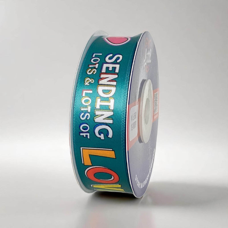 Best Wishes Printed Ribbon 25mm - Turquoise - printed satin ribbon by Littl India