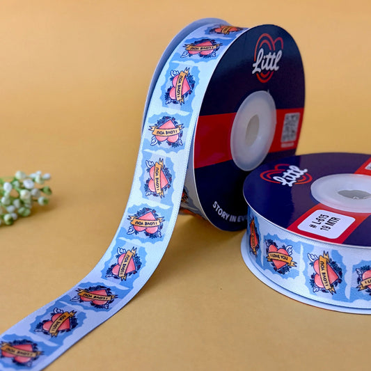 ribbon-Sky Blue-I Love You Satin Ribbon 1 Inch 19 Meter - Valentine's Day Gift Wrapping Anniversary Romantic Packaging - Premium Double Face - 4 Colors - Ships Same Day India-Littl Ribbons