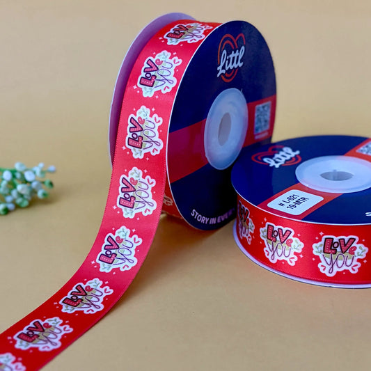 ribbon-Red-I Love You Ribbon - Romantic Printed Satin - Valentine's Day Gift Wrapping - 1 Inch x 19M - 9 Colors-Littl Ribbons