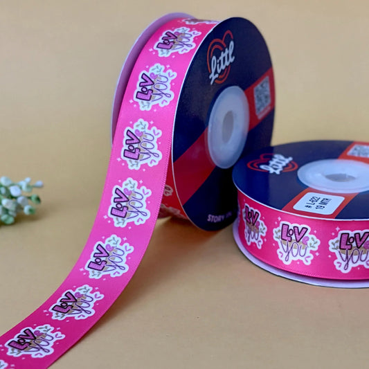 ribbon-Fushia-I Love You Ribbon - Romantic Printed Satin - Valentine's Day Gift Wrapping - 1 Inch x 19M - 9 Colors-Littl Ribbons