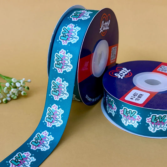 ribbon-Turq-I Love You Ribbon - Romantic Printed Satin - Valentine's Day Gift Wrapping - 1 Inch x 19M - 9 Colors-Littl Ribbons