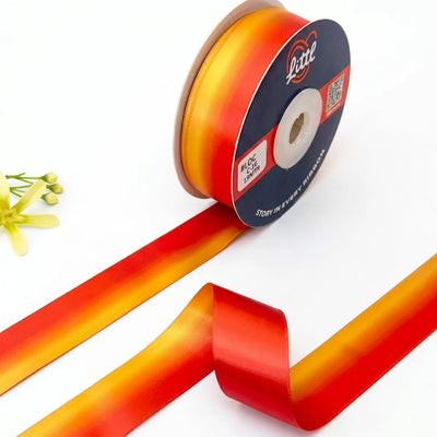 The Copper Sunrise ombre satin ribbon Coral to Gold gradient 25mm gifting ribbon for summer birthday and Diwali packaging by Littl