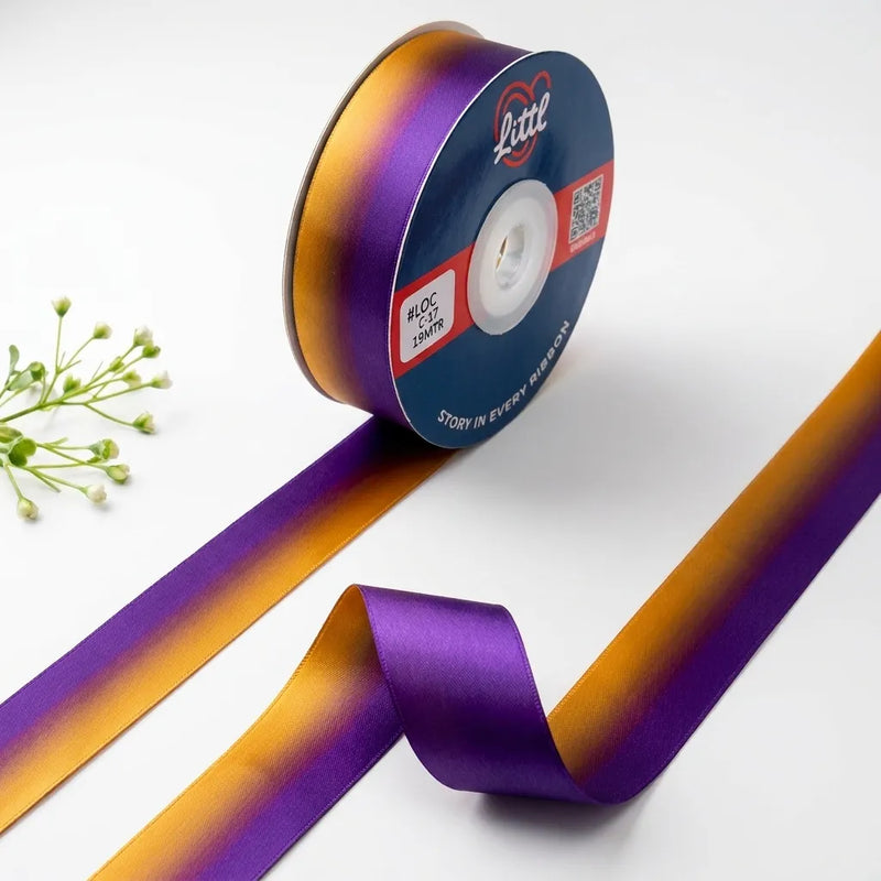 The Royal Sheen ombre satin ribbon Purple to Gold gradient 25mm gifting ribbon for Navratri and premium wedding gifting by Littl