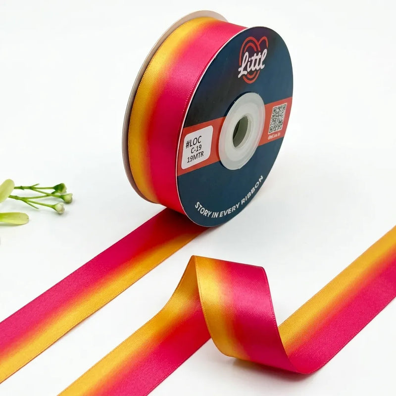 The Gulabi Gold ombre satin ribbon Hot Pink to Gold gradient 25mm gifting ribbon for Karva Chauth and mehndi gifting by Littl
