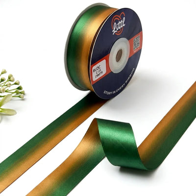 The Jungle Bronze ombre satin ribbon Olive to Copper gradient 25mm gifting ribbon for artisan and wellness hamper packaging by Littl