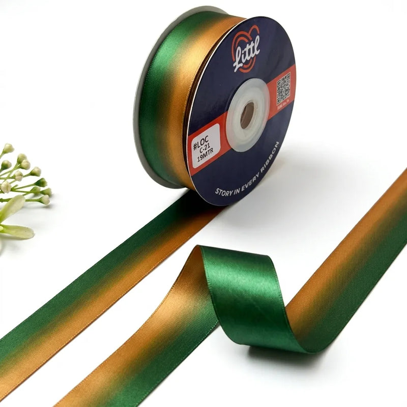 The Jungle Bronze ombre satin ribbon Olive to Copper gradient 25mm gifting ribbon for artisan and wellness hamper packaging by Littl