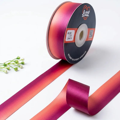 The Lotus Dusk ombre satin ribbon Dusty Mauve to Lotus Pink gradient 25mm gifting ribbon for contemporary wedding gifting by Littl