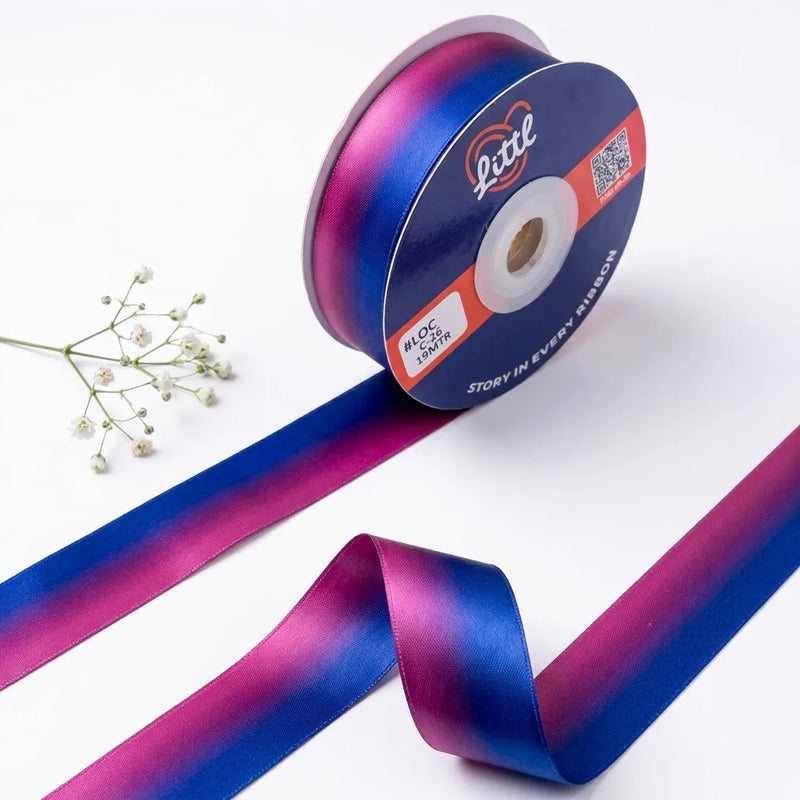 The Indigo Dream ombre satin ribbon Deep Indigo to Dusty Mauve gradient 25mm luxury gifting ribbon for designer packaging by Littl