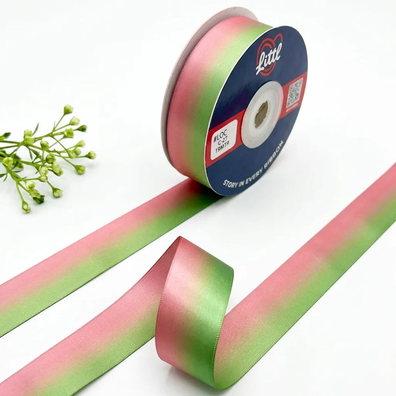 The Garden Blush ombre satin ribbon Sage Green to Dusty Rose gradient 25mm gifting ribbon for modern wedding and trousseau by Littl