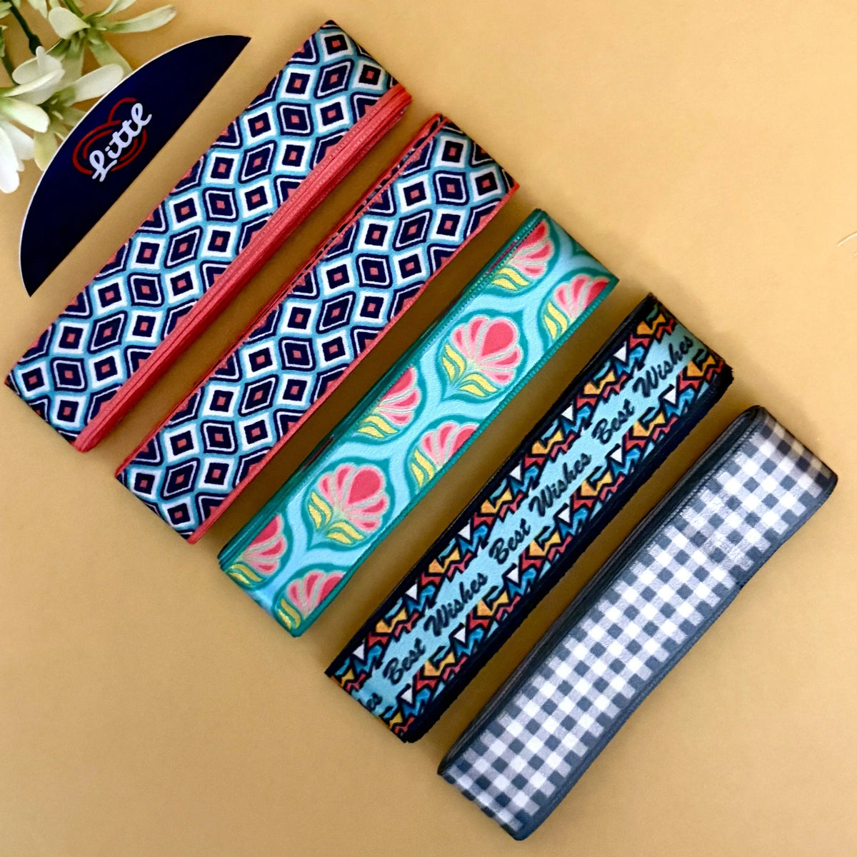 Littl Printed Satin Ribbon Combo Set – Assorted Designs | 5 Pcs × 5 Metres (25m Total) | Bulk Gift Wrapping Ribbons- LRP-10   Littl