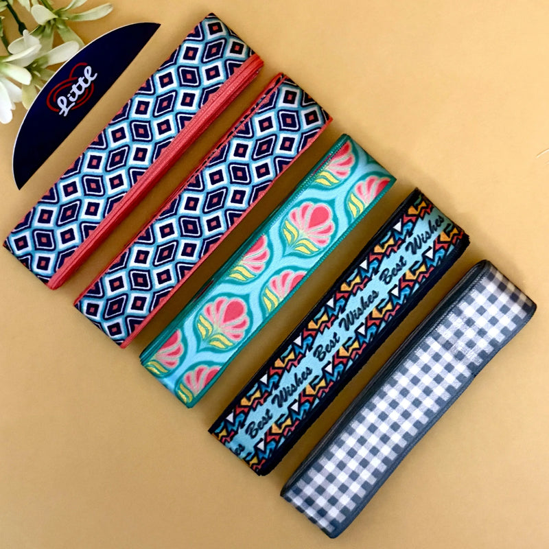 Littl Printed Satin Ribbon Combo Set – Assorted Designs | 5 Pcs × 5 Metres (25m Total) | Bulk Gift Wrapping Ribbons- LRP-10   Littl