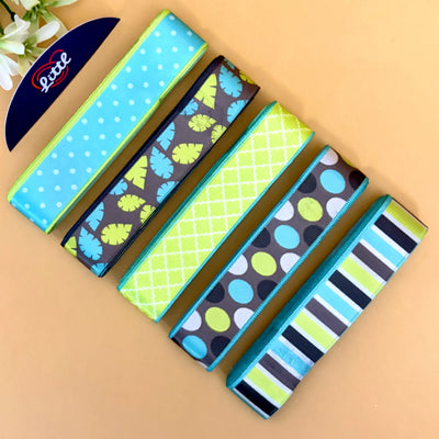 Littl Printed Satin Ribbon Combo Set – Blue, Green & Grey Designs | 5 Pcs × 5 Metres (25m Total) | Gift Wrapping Ribbons | #LRP-4   Littl