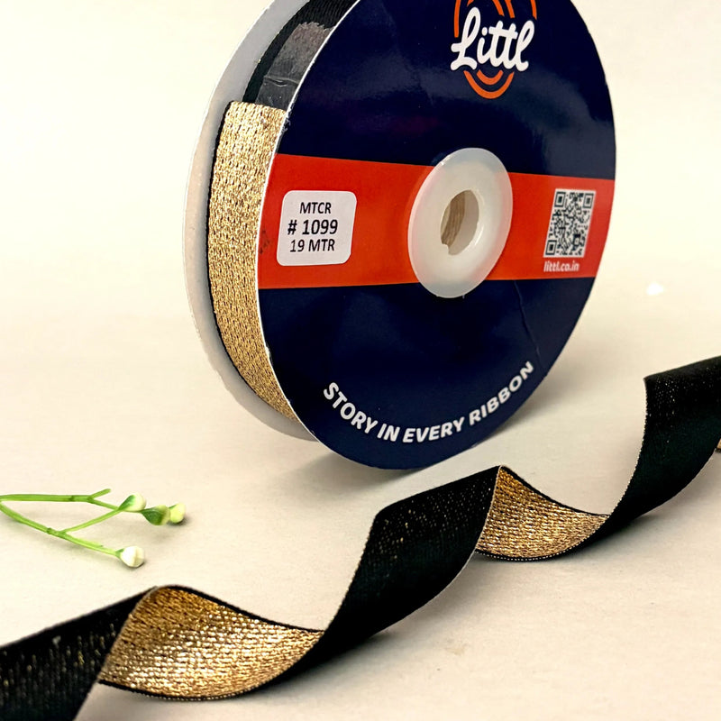THE ONYX GOLD - Duo Sheen Satin Metallic Ribbon 20mm | Black & Gold | 19m Roll   Littl