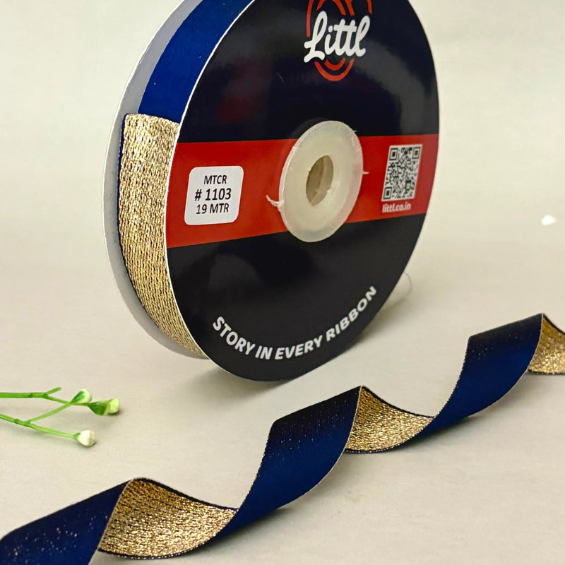 THE ARABIAN GOLD - Duo Sheen Satin Metallic Ribbon 20mm | Navy Blue & Gold | 19m Roll   Littl