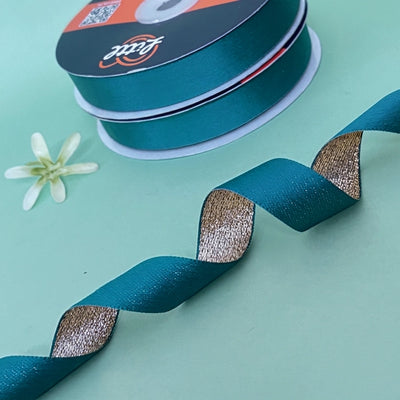 The Udaipur Gold Duo Sheen Satin Metallic Ribbon Turquoise and Gold 20mm by Littl